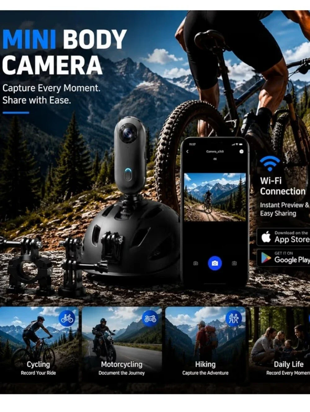 Waterproof 4K Compact Action Camera with Accessories - Black